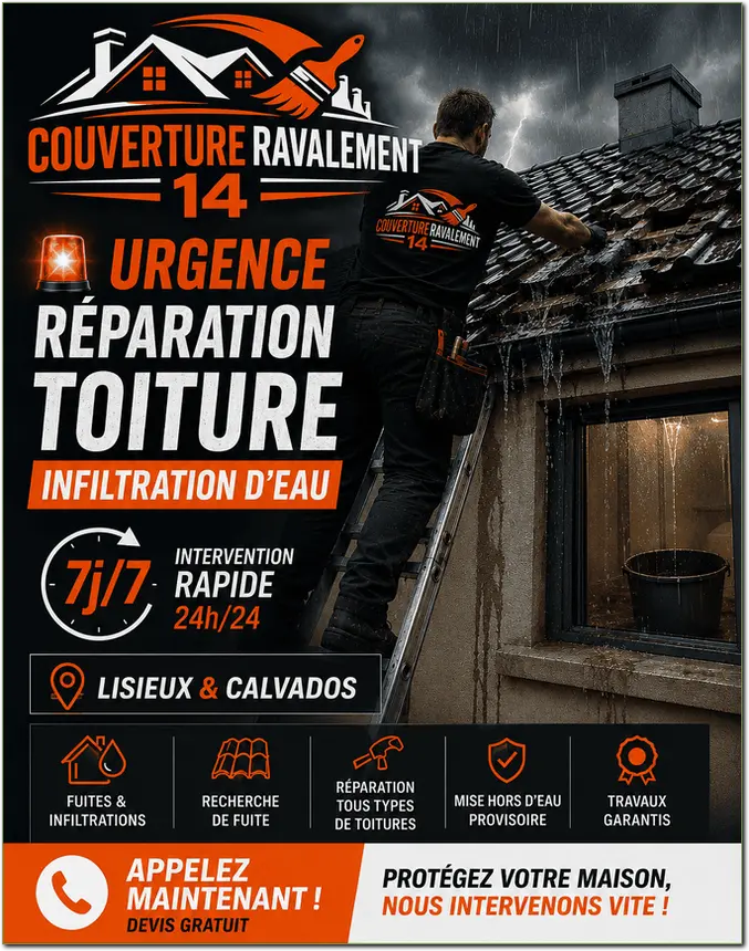 Réparation urgente de toiture cause tempête Lisieux 14